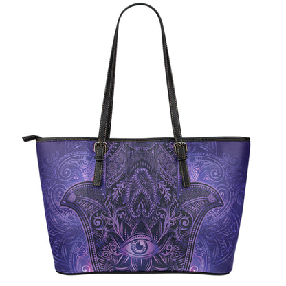 Purple Hamsa Hand Print Leather Tote Bag