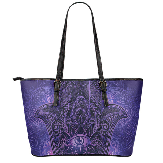 Purple Hamsa Hand Print Leather Tote Bag