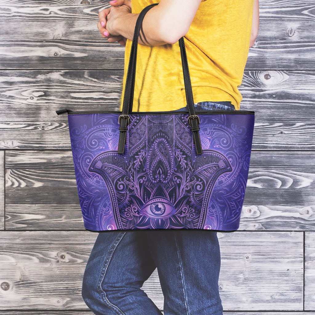 Purple Hamsa Hand Print Leather Tote Bag