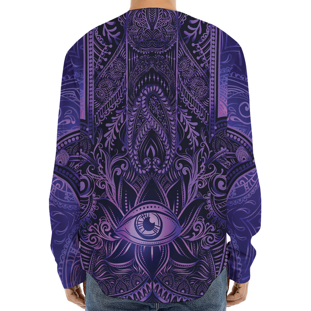 Purple Hamsa Hand Print Long Sleeve Baseball Jersey