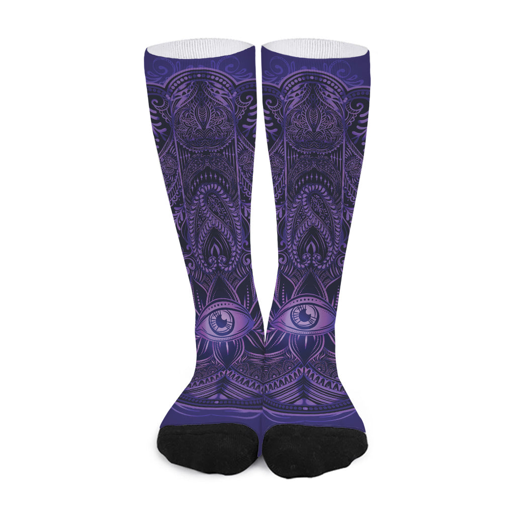 Purple Hamsa Hand Print Long Socks