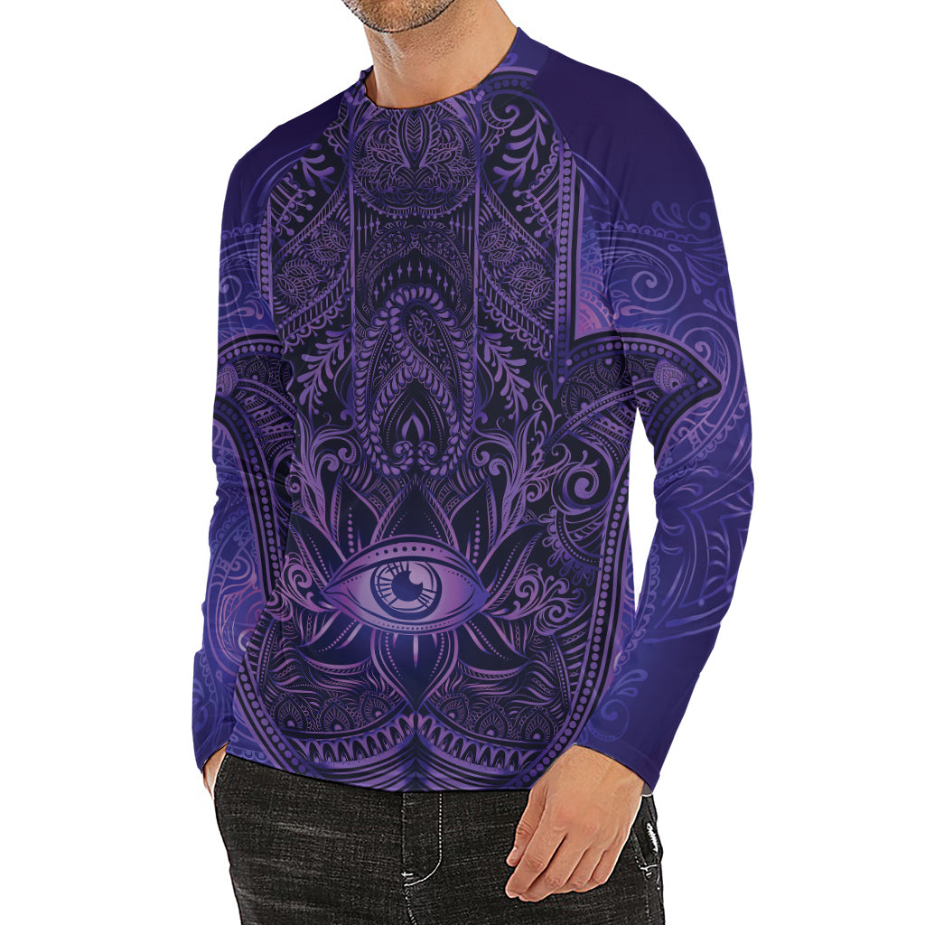 Purple Hamsa Hand Print Men's Long Sleeve Rash Guard