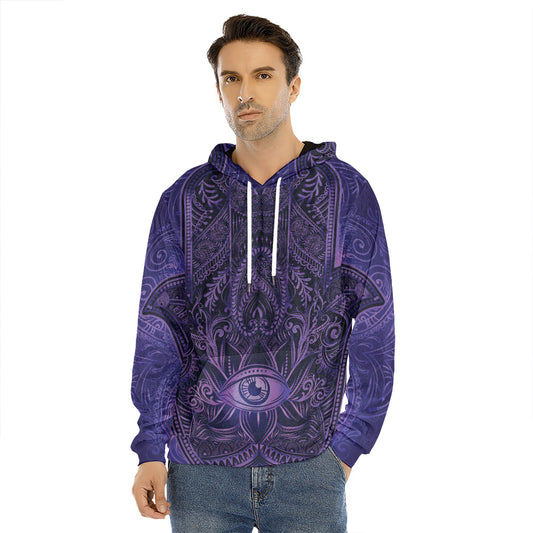 Purple Hamsa Hand Print Men's Velvet Pullover Hoodie