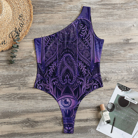 Purple Hamsa Hand Print One Shoulder Bodysuit