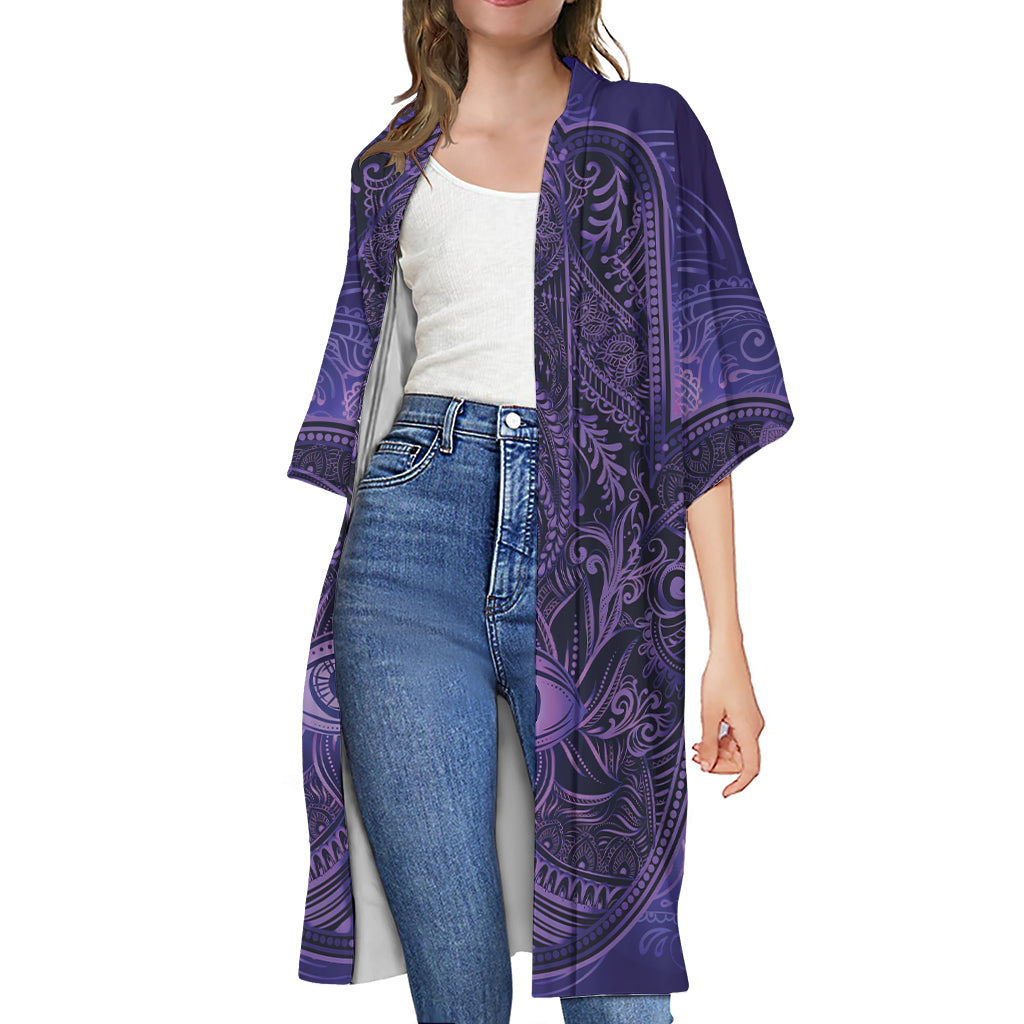 Purple Hamsa Hand Print Open Front Beach Cover Up