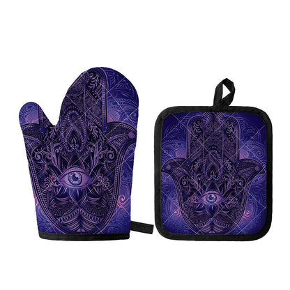 Purple Hamsa Hand Print Oven Mitt And Pot Holder Set