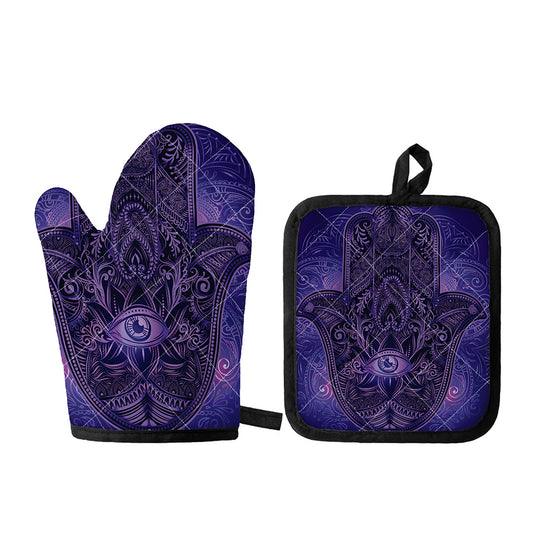 Purple Hamsa Hand Print Oven Mitt And Pot Holder Set