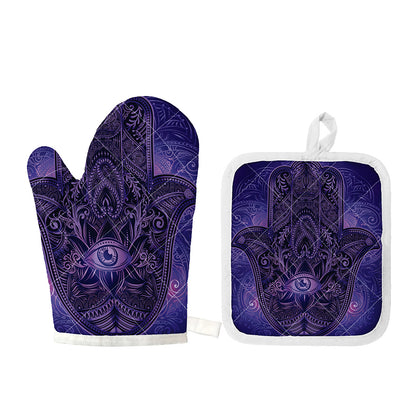 Purple Hamsa Hand Print Oven Mitt And Pot Holder Set