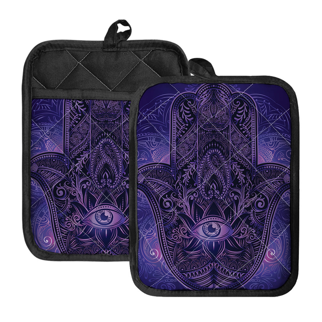 Purple Hamsa Hand Print Pot Holders With Pocket