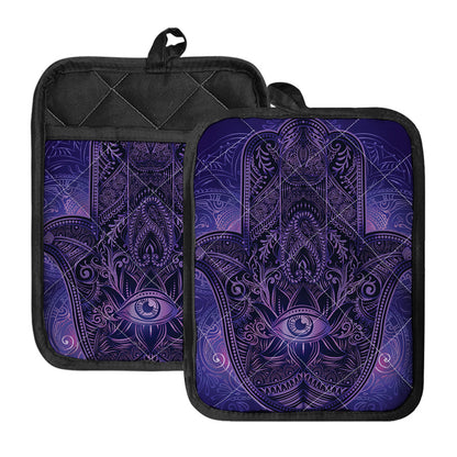 Purple Hamsa Hand Print Pot Holders With Pocket