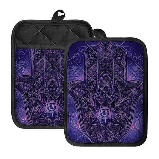 Purple Hamsa Hand Print Pot Holders With Pocket