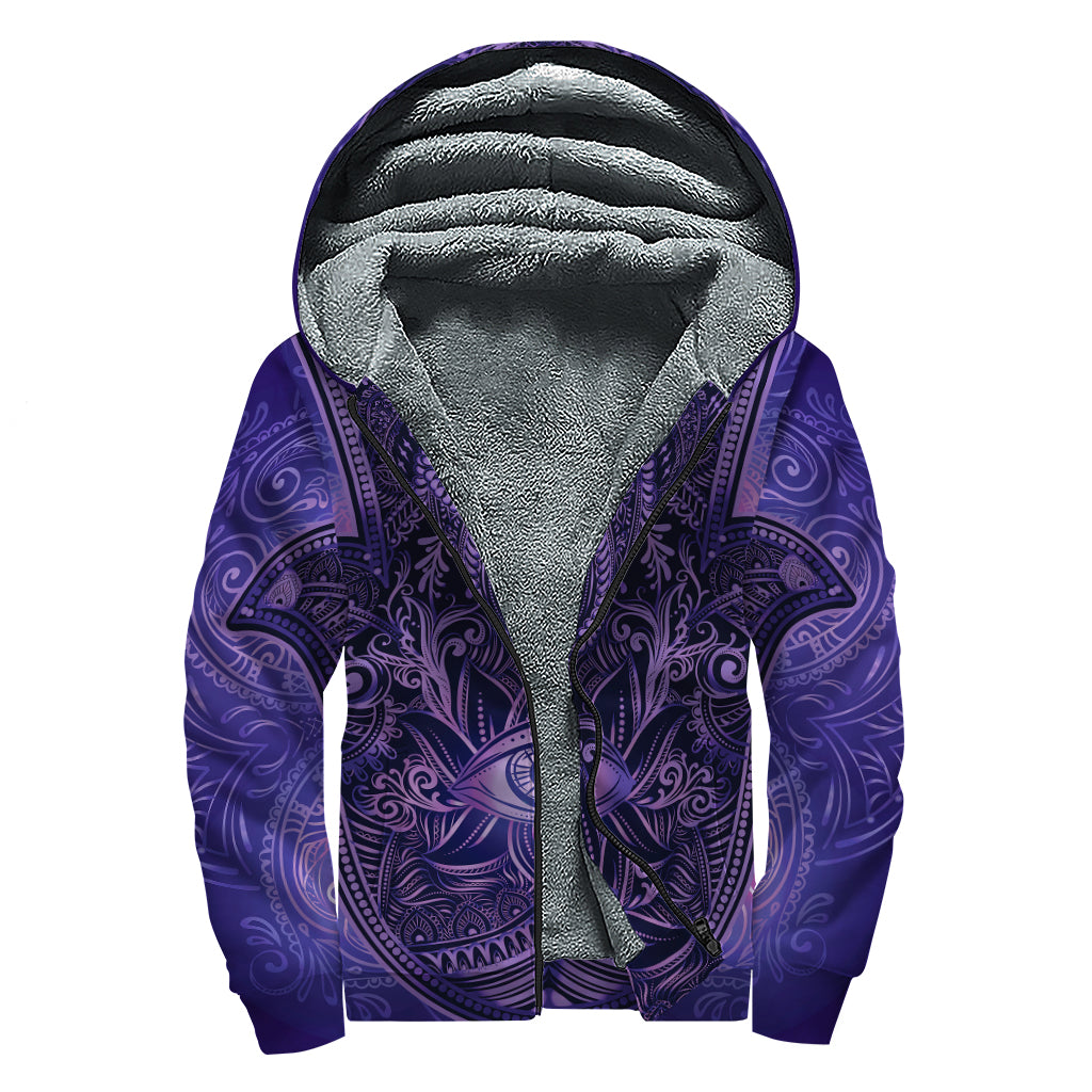 Purple Hamsa Hand Print Sherpa Lined Zip Up Hoodie