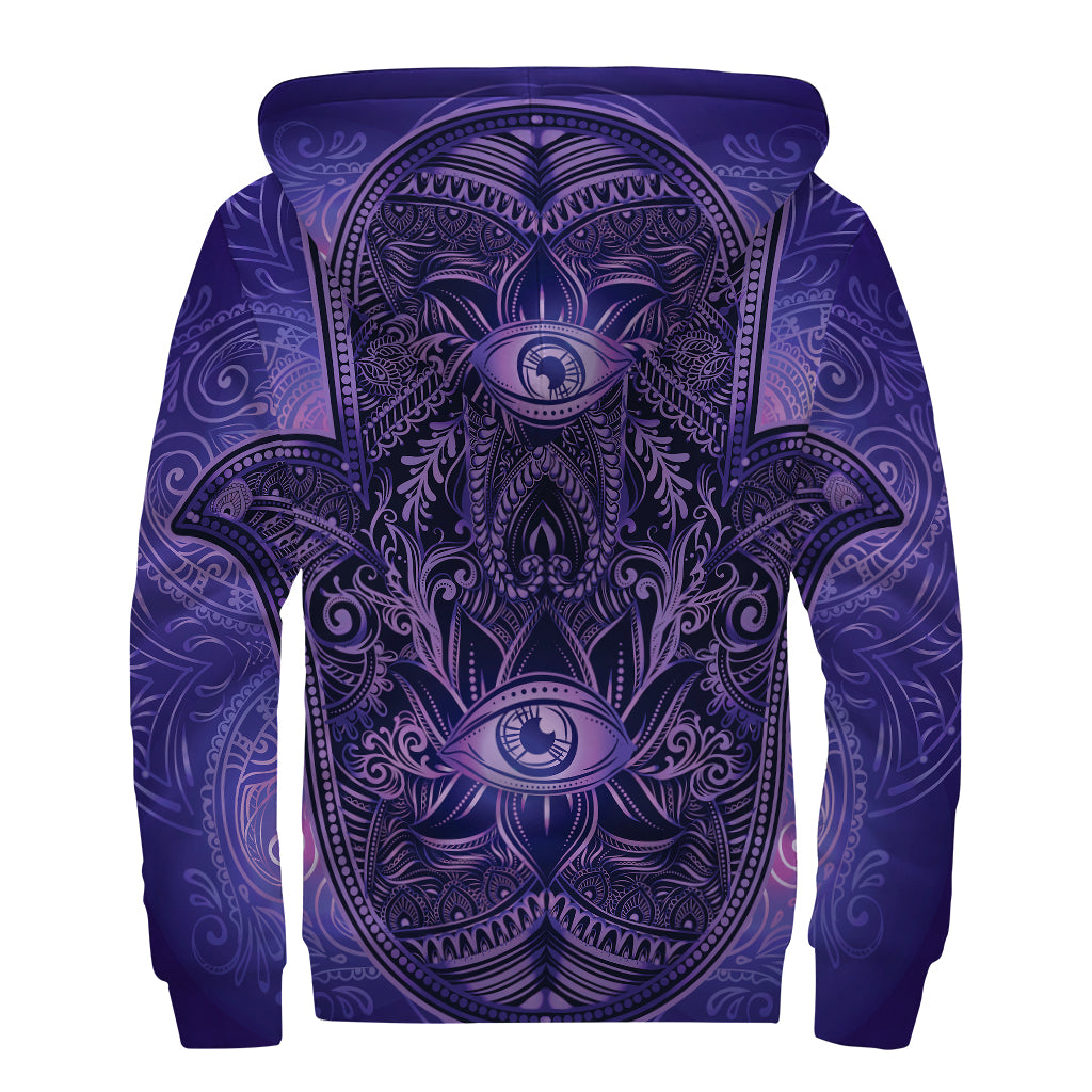Purple Hamsa Hand Print Sherpa Lined Zip Up Hoodie