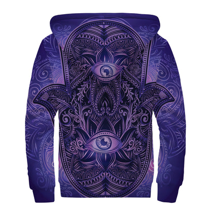 Purple Hamsa Hand Print Sherpa Lined Zip Up Hoodie