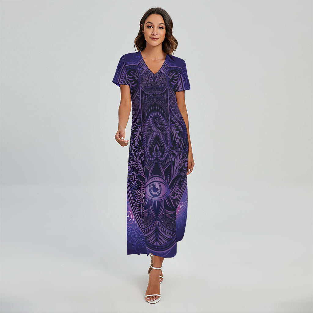 Purple Hamsa Hand Print Short Sleeve Maxi Dress