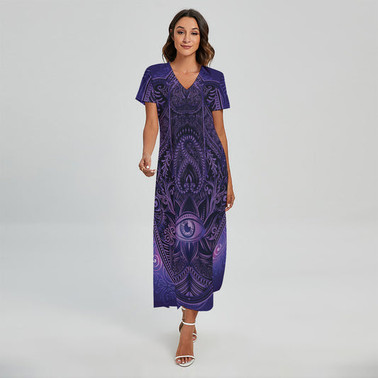 Purple Hamsa Hand Print Short Sleeve Maxi Dress