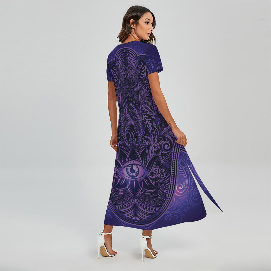 Purple Hamsa Hand Print Short Sleeve Maxi Dress
