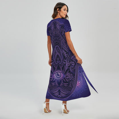 Purple Hamsa Hand Print Short Sleeve Maxi Dress