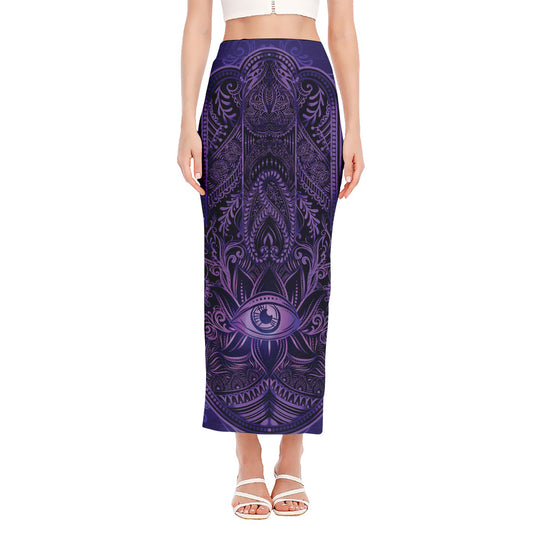 Purple Hamsa Hand Print Side Slit Maxi Skirt
