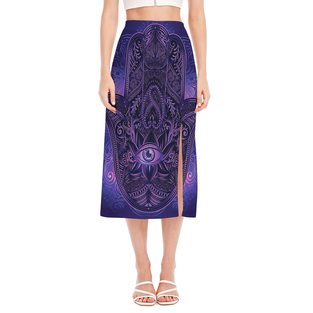 Purple Hamsa Hand Print Side Slit Midi Skirt