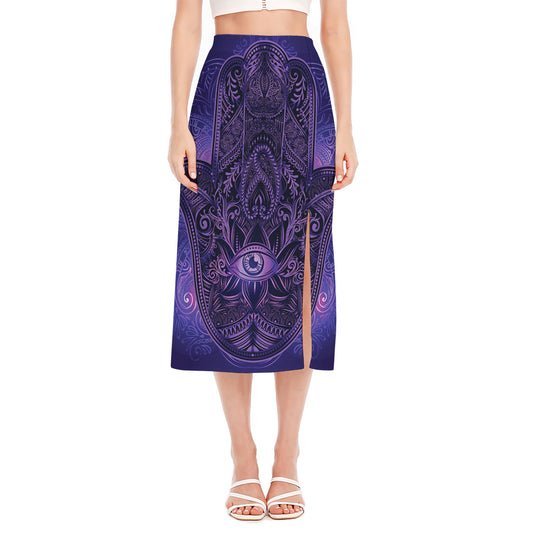 Purple Hamsa Hand Print Side Slit Midi Skirt