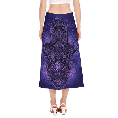 Purple Hamsa Hand Print Side Slit Midi Skirt