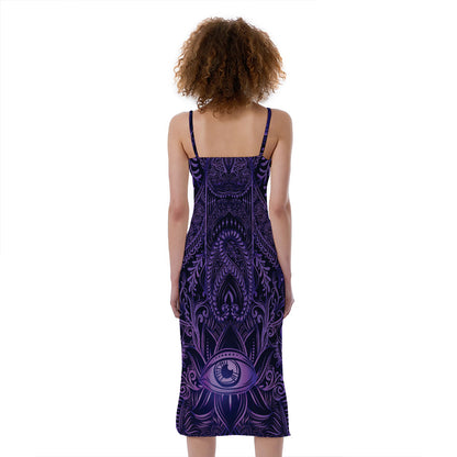 Purple Hamsa Hand Print Slim Fit Midi Cami Dress
