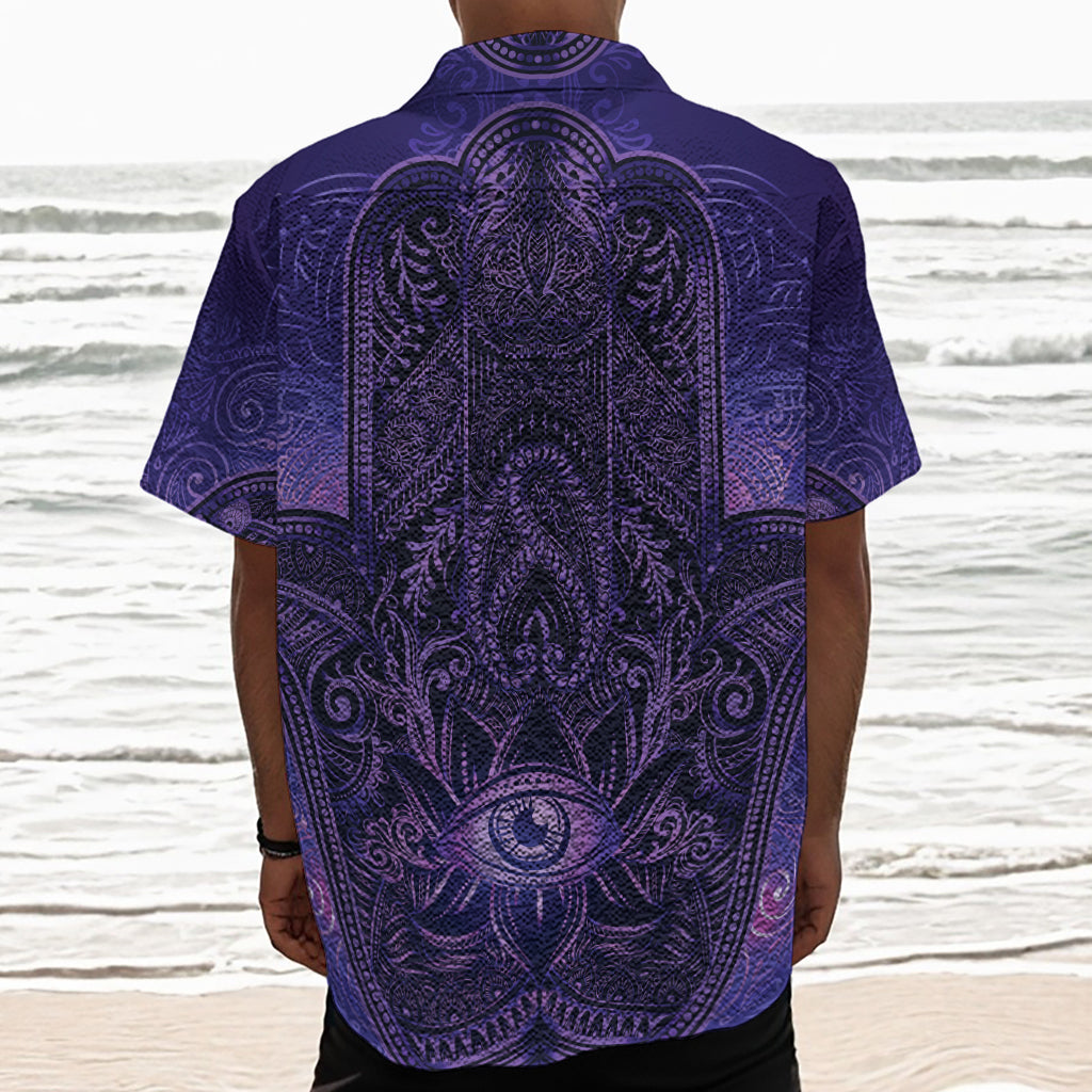 Purple Hamsa Hand Print Textured Short Sleeve Shirt