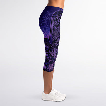 Purple Hamsa Hand Print Women's Capri Leggings