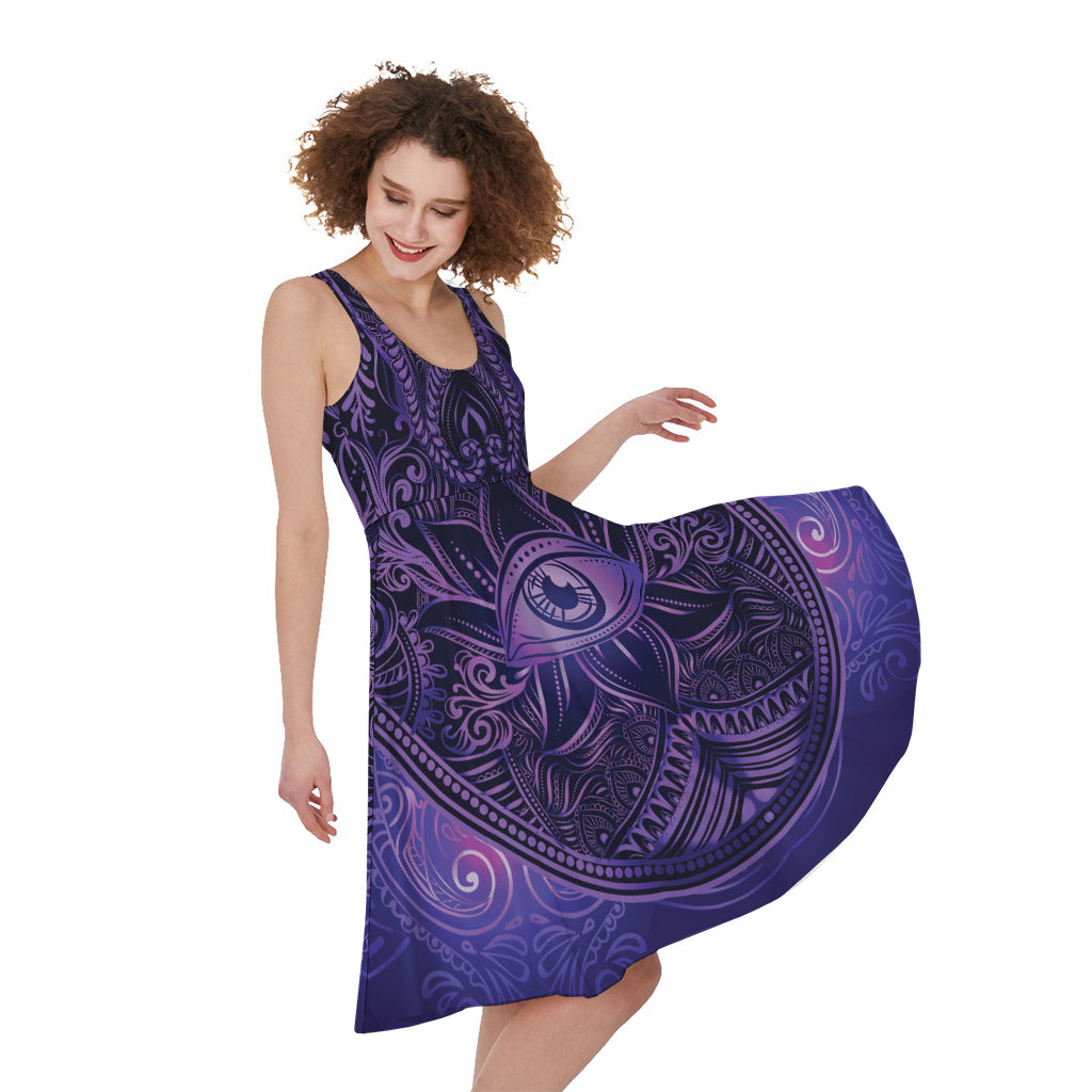 Purple Hamsa Hand Print Women's Sleeveless Dress