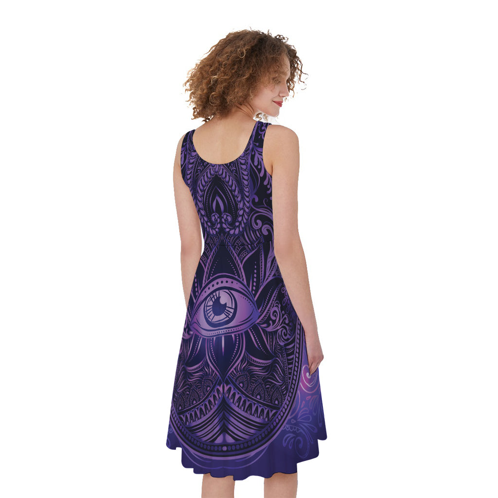 Purple Hamsa Hand Print Women's Sleeveless Dress