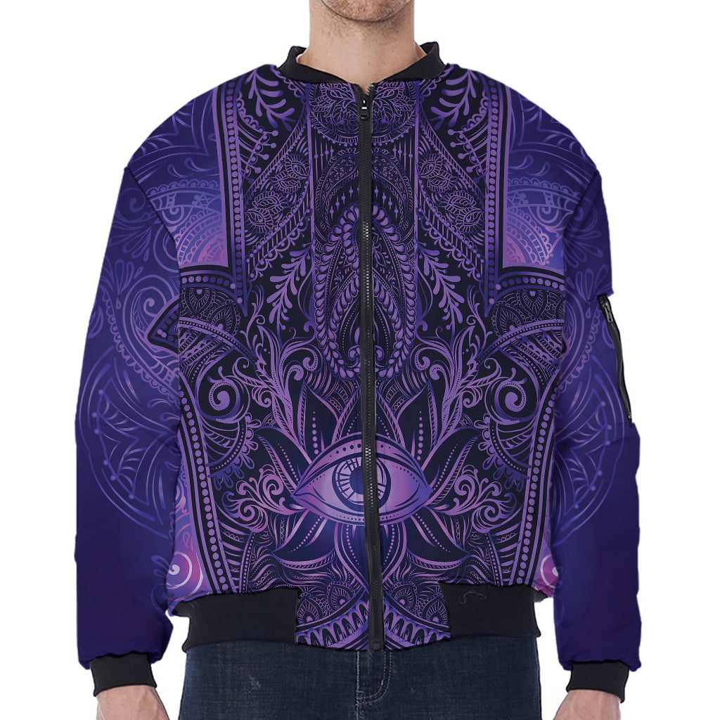 Purple Hamsa Hand Print Zip Sleeve Bomber Jacket