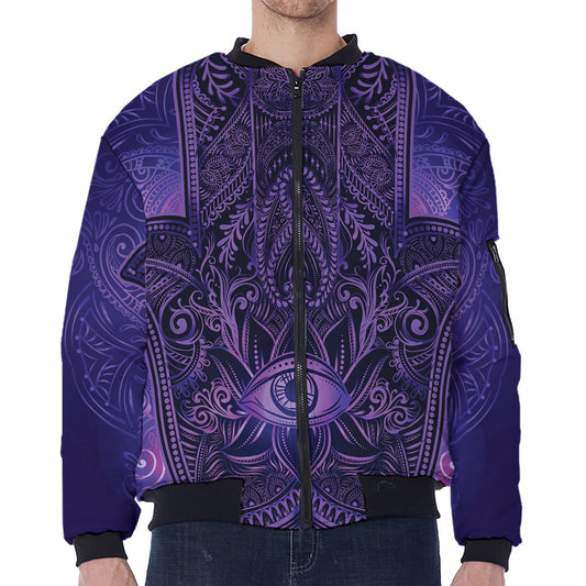 Purple Hamsa Hand Print Zip Sleeve Bomber Jacket