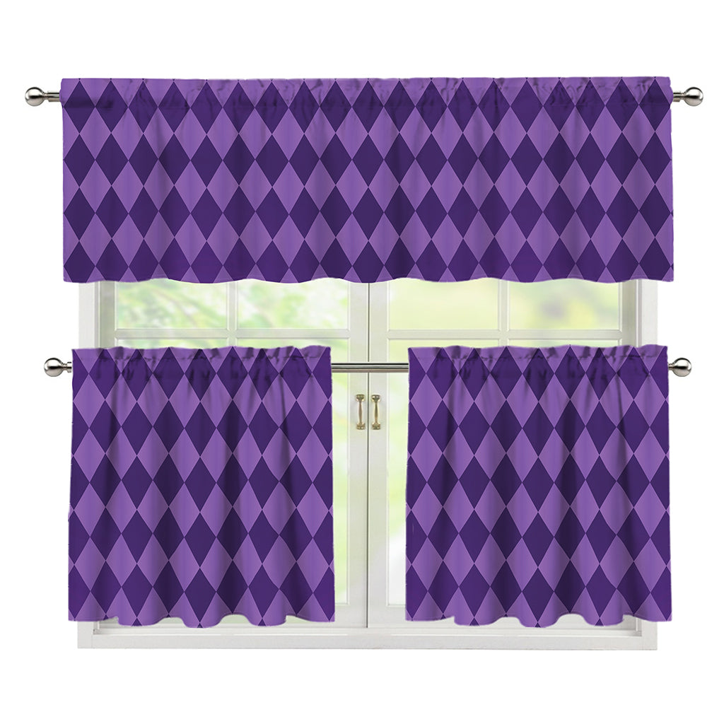 Purple Harlequin Pattern Print 3 Piece Kitchen Curtains