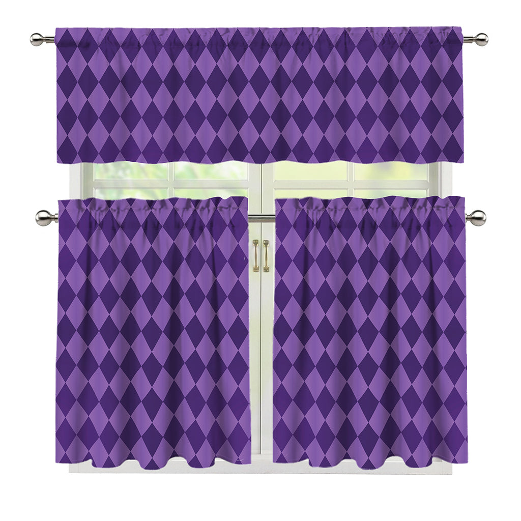 Purple Harlequin Pattern Print 3 Piece Kitchen Curtains
