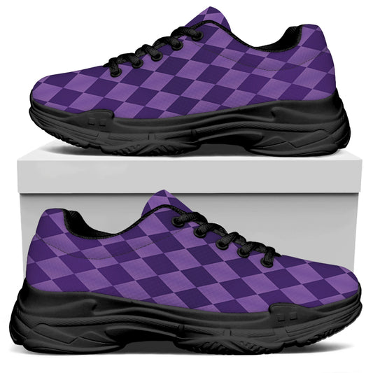 Purple Harlequin Pattern Print Black Chunky Shoes