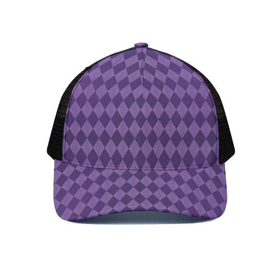 Purple Harlequin Pattern Print Black Mesh Trucker Cap