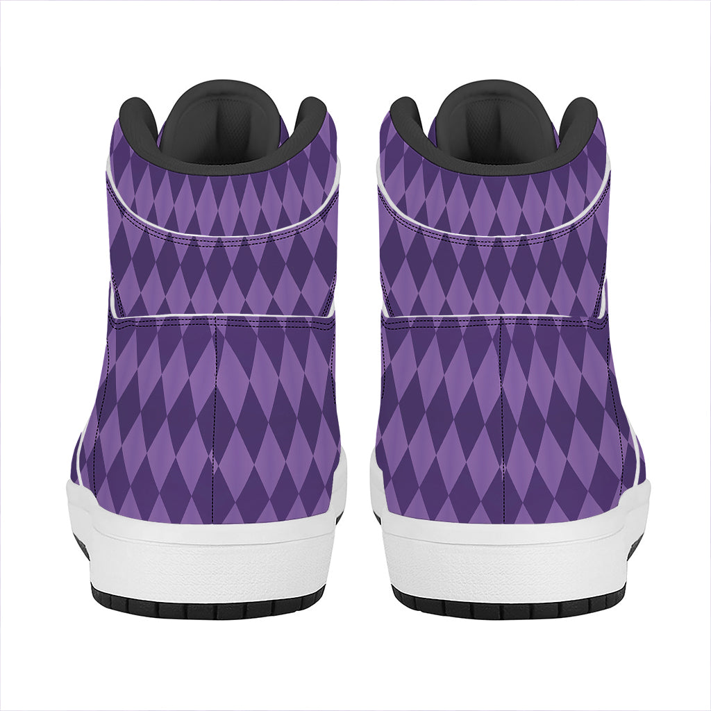 Purple Harlequin Pattern Print High Top Leather Sneakers