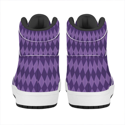 Purple Harlequin Pattern Print High Top Leather Sneakers