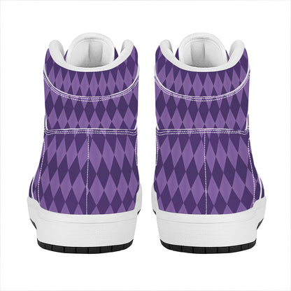 Purple Harlequin Pattern Print High Top Leather Sneakers