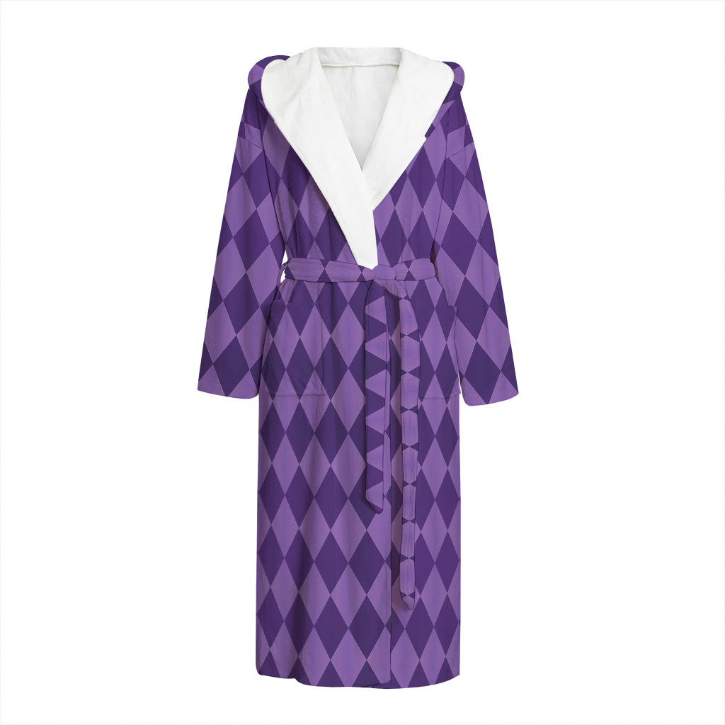 Purple Harlequin Pattern Print Hooded Bathrobe