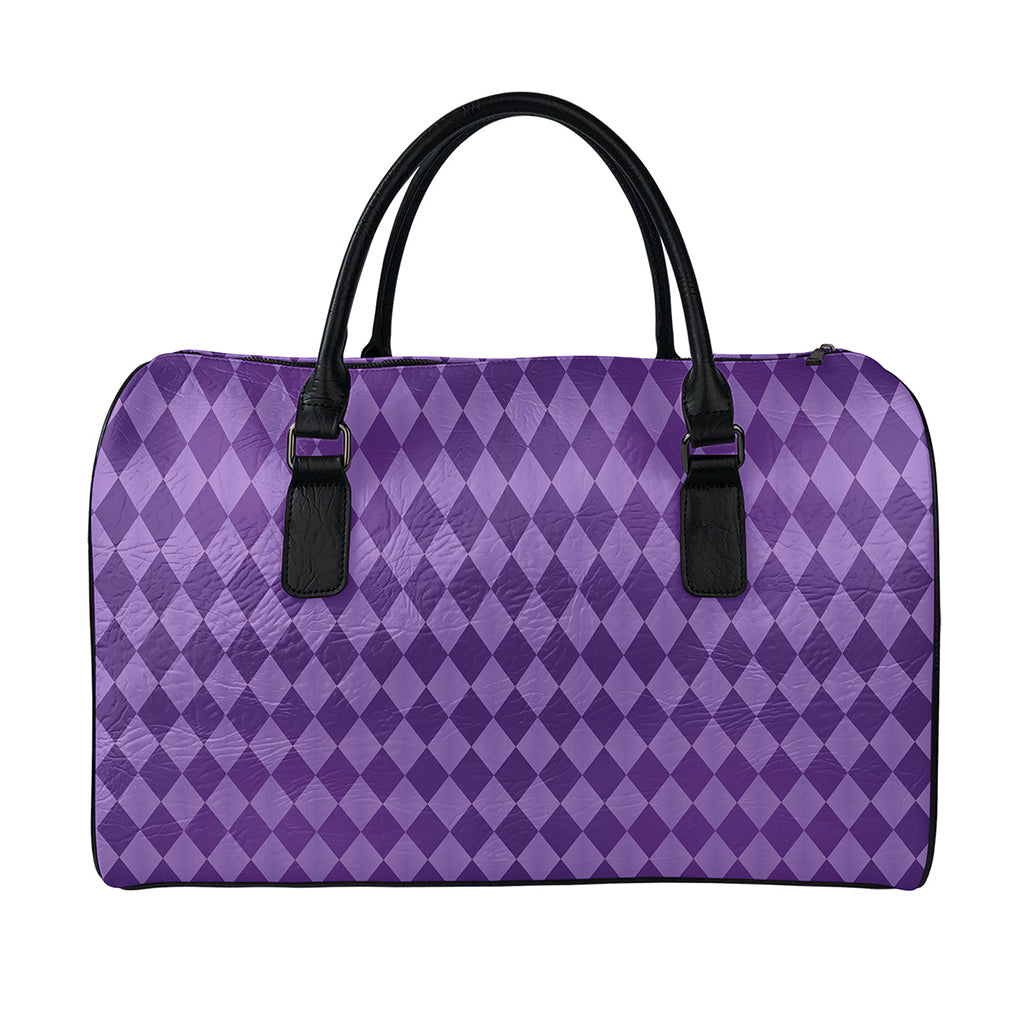 Purple Harlequin Pattern Print Leather Duffle Bag