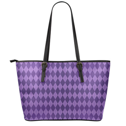 Purple Harlequin Pattern Print Leather Tote Bag