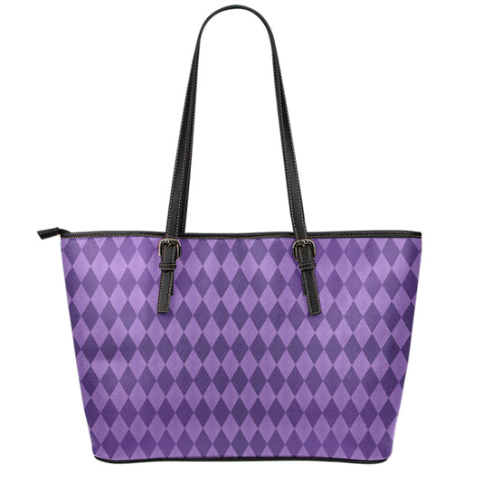 Purple Harlequin Pattern Print Leather Tote Bag
