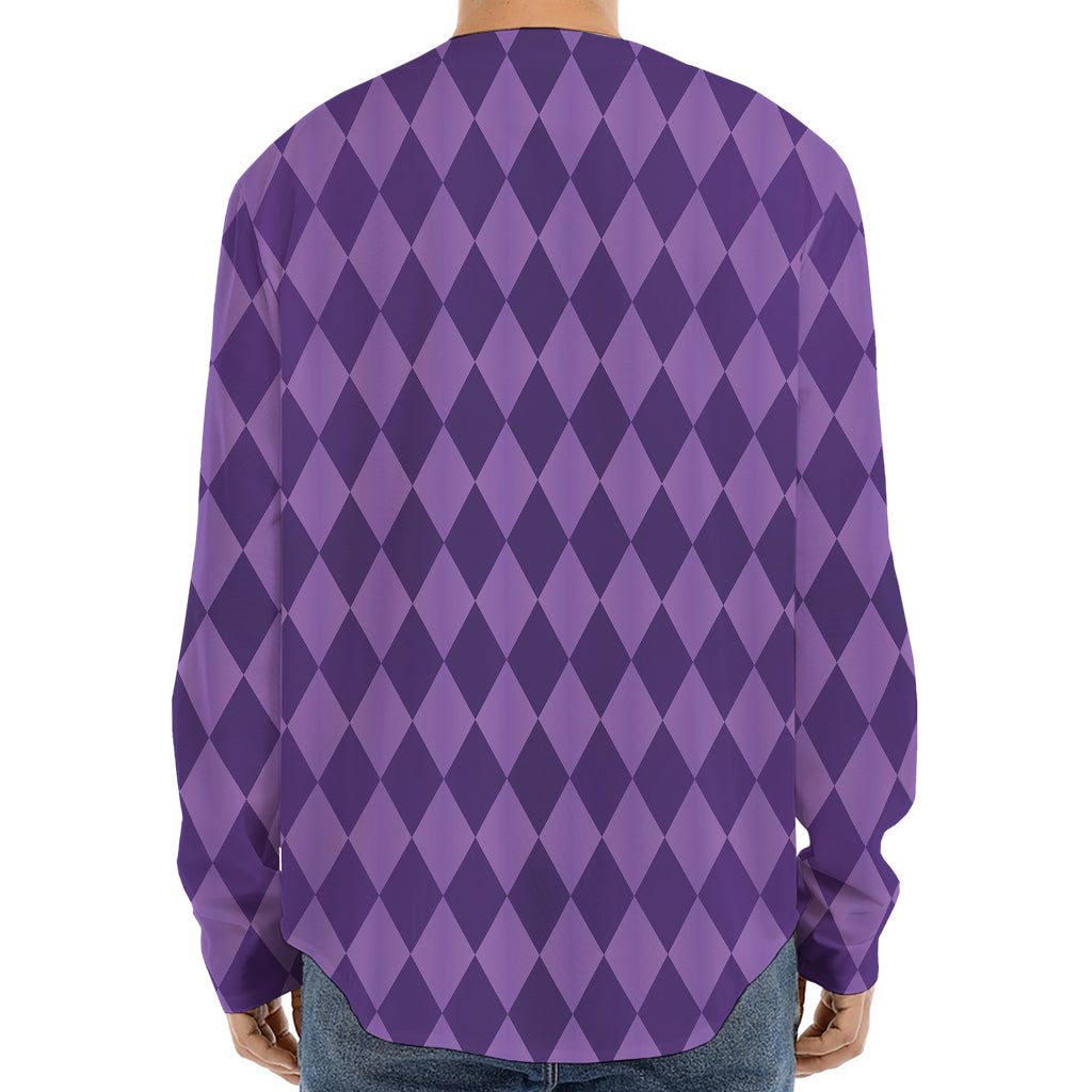 Purple Harlequin Pattern Print Long Sleeve Baseball Jersey