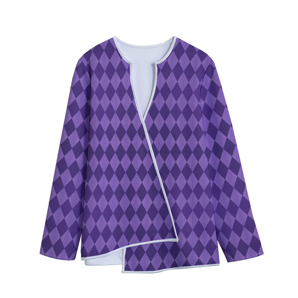 Purple Harlequin Pattern Print Long Sleeve Short Coat