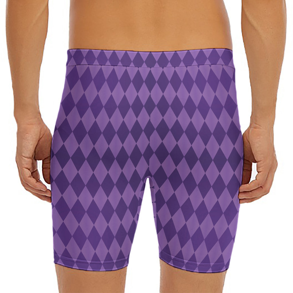 Purple Harlequin Pattern Print Men's Long Boxer Briefs