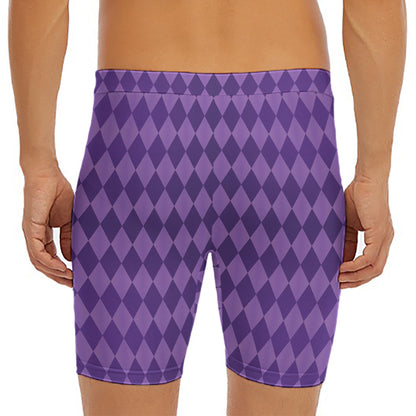 Purple Harlequin Pattern Print Men's Long Boxer Briefs