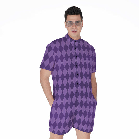 Purple Harlequin Pattern Print Men's Rompers