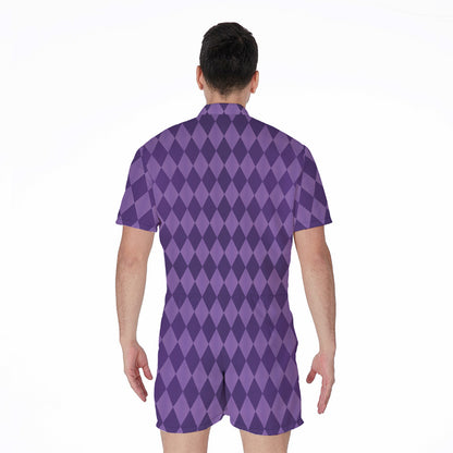 Purple Harlequin Pattern Print Men's Rompers